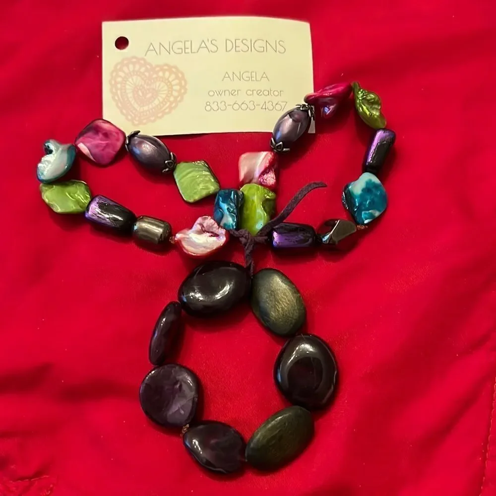 NWT Angela’s Designs 3 stretchy bracelets purple pink green beads & shells